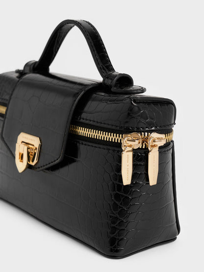 CHARLES & KEITH Classic / Arwen Croc-Effect Top Handle Vanity Bag - Black