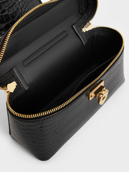 CHARLES & KEITH Classic / Arwen Croc-Effect Top Handle Vanity Bag - Black