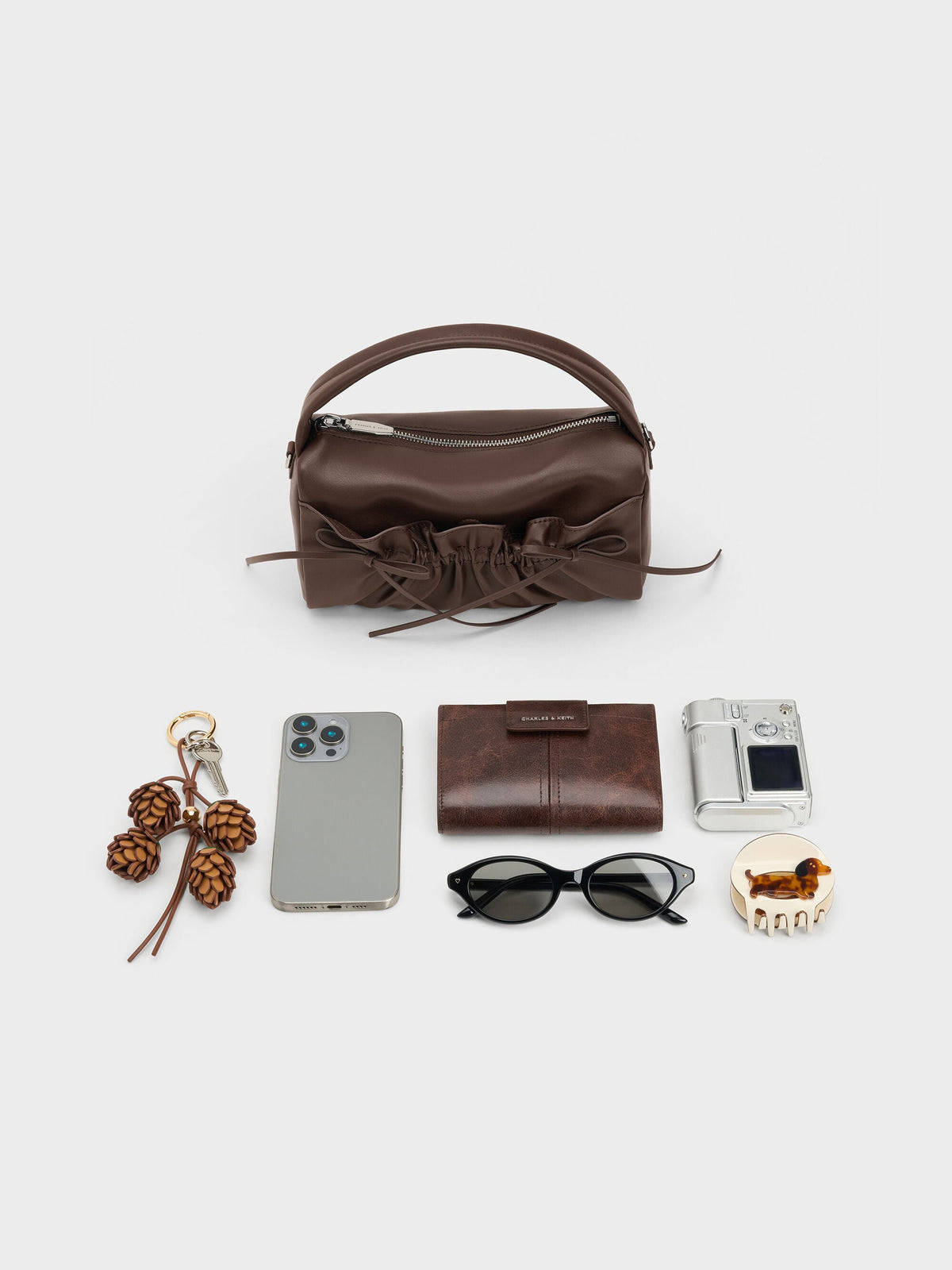 CHARLES & KEITH Special Offer / Reese Ruched Bow Top Handle Bag - Espresso Brown