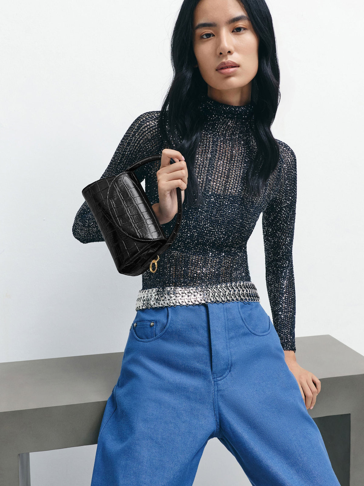 CHARLES & KEITH Latest / Kaila Croc-Effect Top Handle Bag - Black Croco