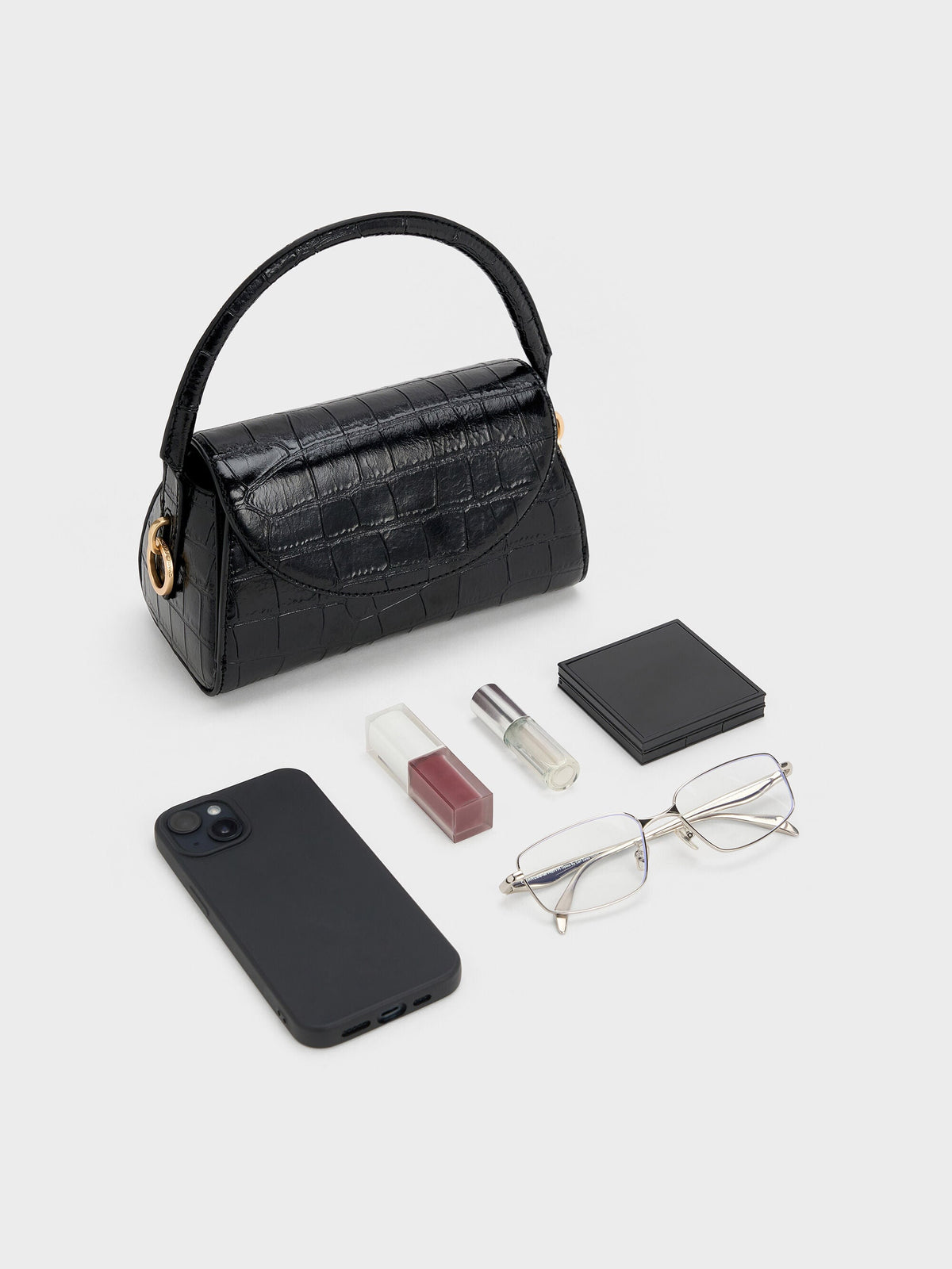 CHARLES & KEITH Latest / Kaila Croc-Effect Top Handle Bag - Black Croco