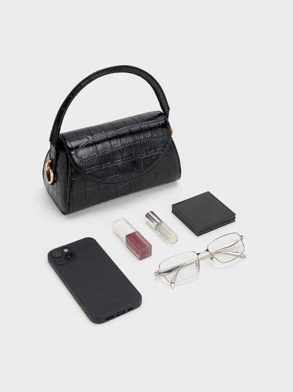 CHARLES & KEITH Latest / Kaila Croc-Effect Top Handle Bag - Black Croco
