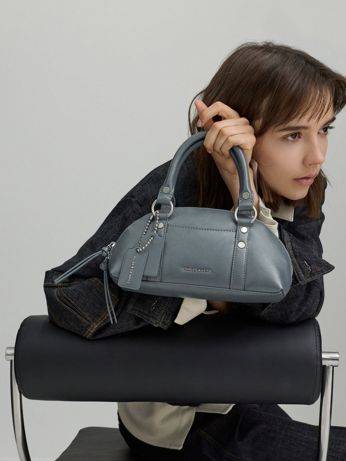 CHARLES & KEITH Top Pick / Tatiana Studded Bowling Bag - Smoky Blue