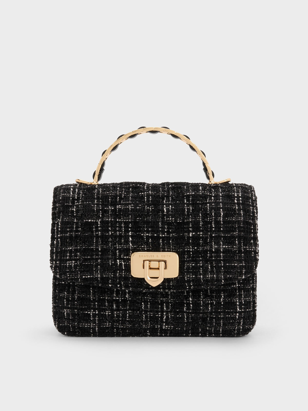 CHARLES & KEITH Signature / Cressida Tweed Quilted Top Handle Bag - Black Tweed