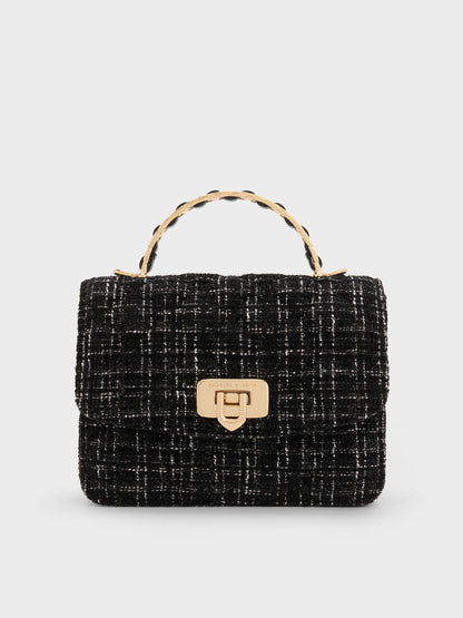 CHARLES & KEITH Signature / Cressida Tweed Quilted Top Handle Bag - Black Tweed
