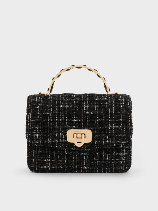 CHARLES & KEITH Signature / Cressida Tweed Quilted Top Handle Bag - Black Tweed
