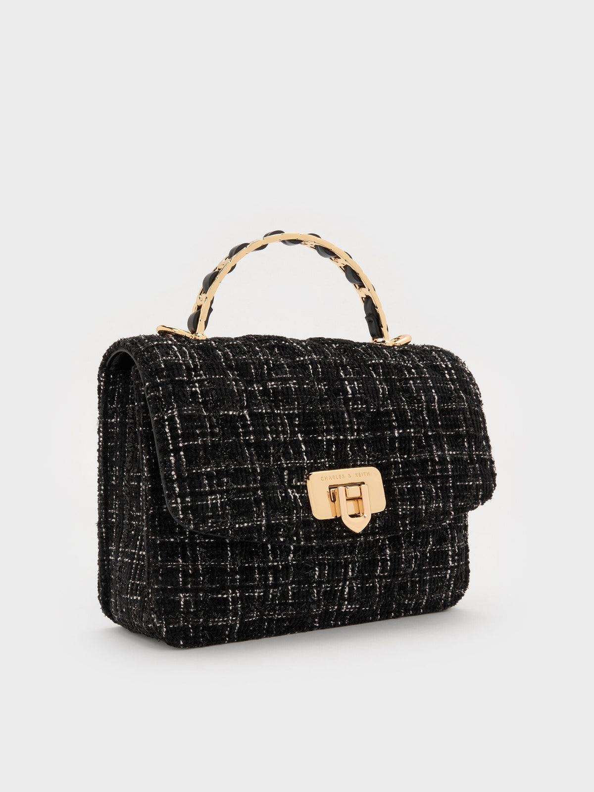 CHARLES & KEITH Signature / Cressida Tweed Quilted Top Handle Bag - Black Tweed