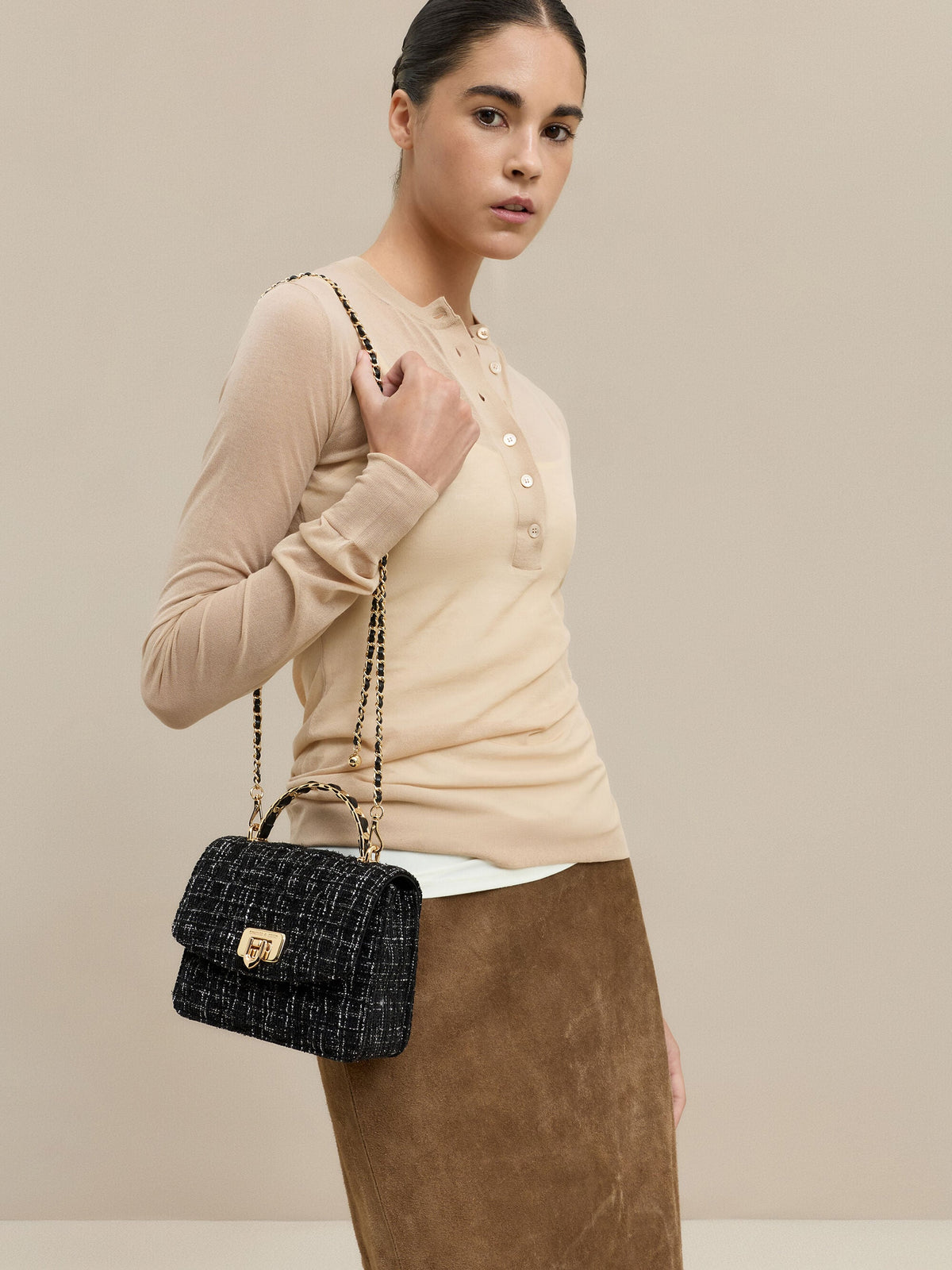 CHARLES & KEITH Signature / Cressida Tweed Quilted Top Handle Bag - Black Tweed