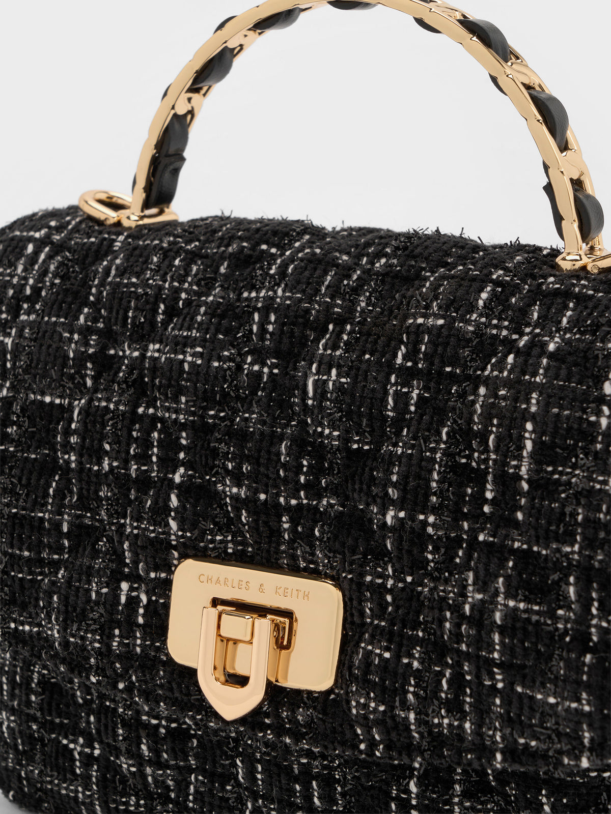 CHARLES & KEITH Signature / Cressida Tweed Quilted Top Handle Bag - Black Tweed