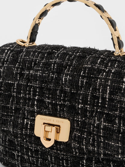 CHARLES & KEITH Signature / Cressida Tweed Quilted Top Handle Bag - Black Tweed