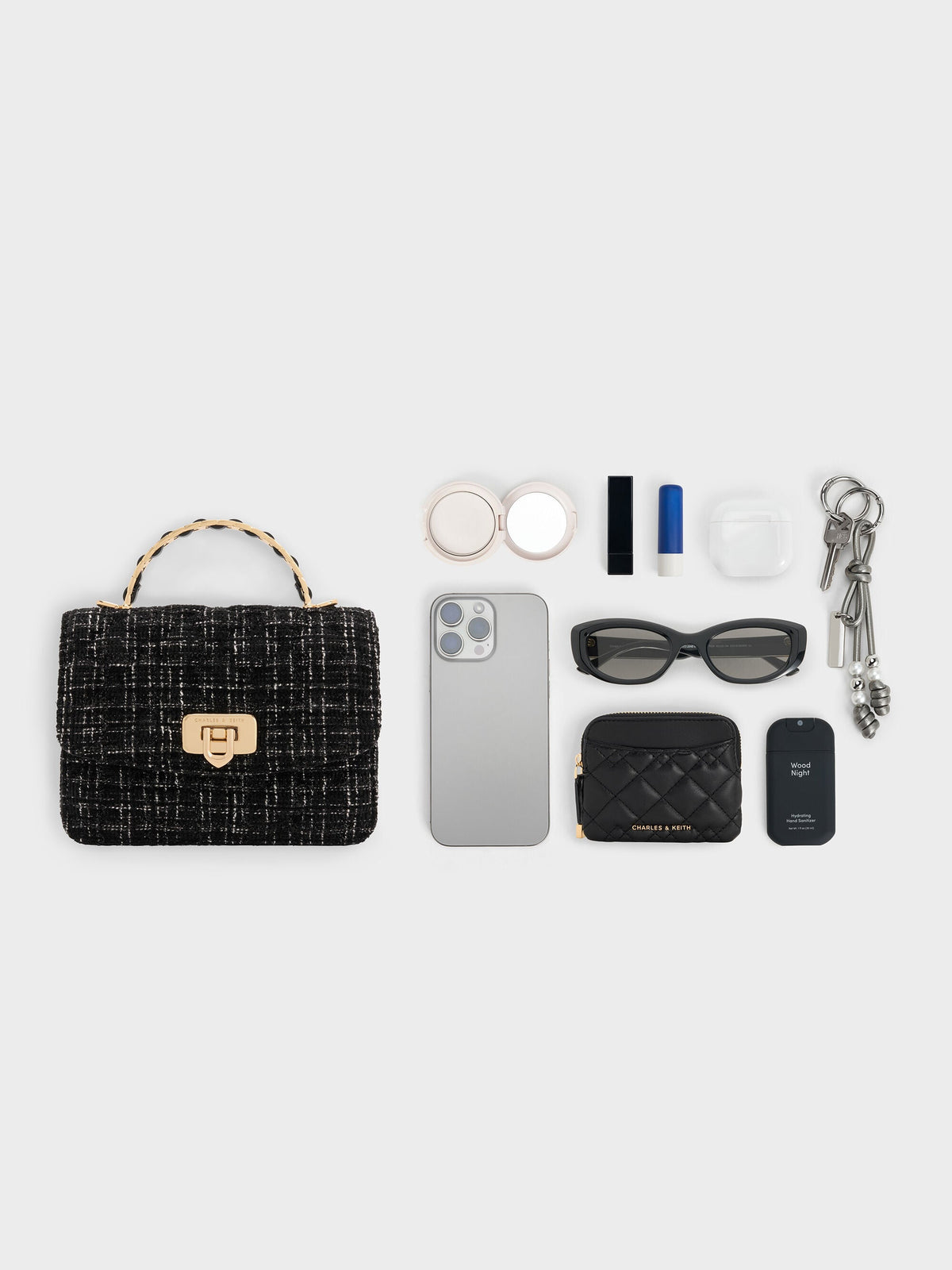 CHARLES & KEITH Signature / Cressida Tweed Quilted Top Handle Bag - Black Tweed