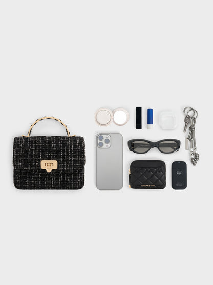 CHARLES & KEITH Signature / Cressida Tweed Quilted Top Handle Bag - Black Tweed
