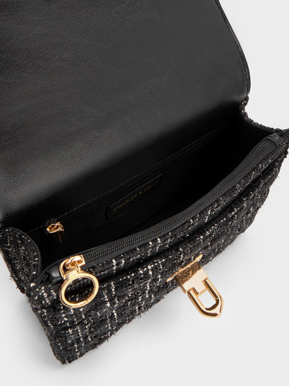 CHARLES & KEITH Signature / Cressida Tweed Quilted Top Handle Bag - Black Tweed