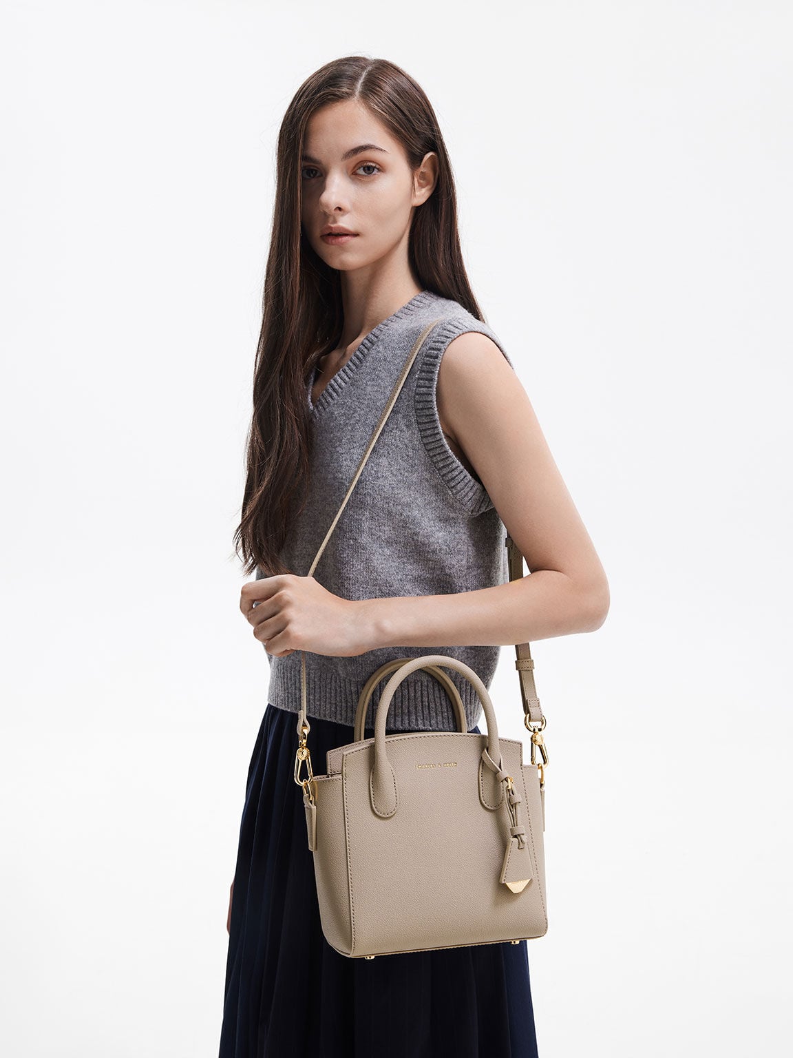 CHARLES & KEITH Value / Harper Structured Top Handle Bag - Taupe