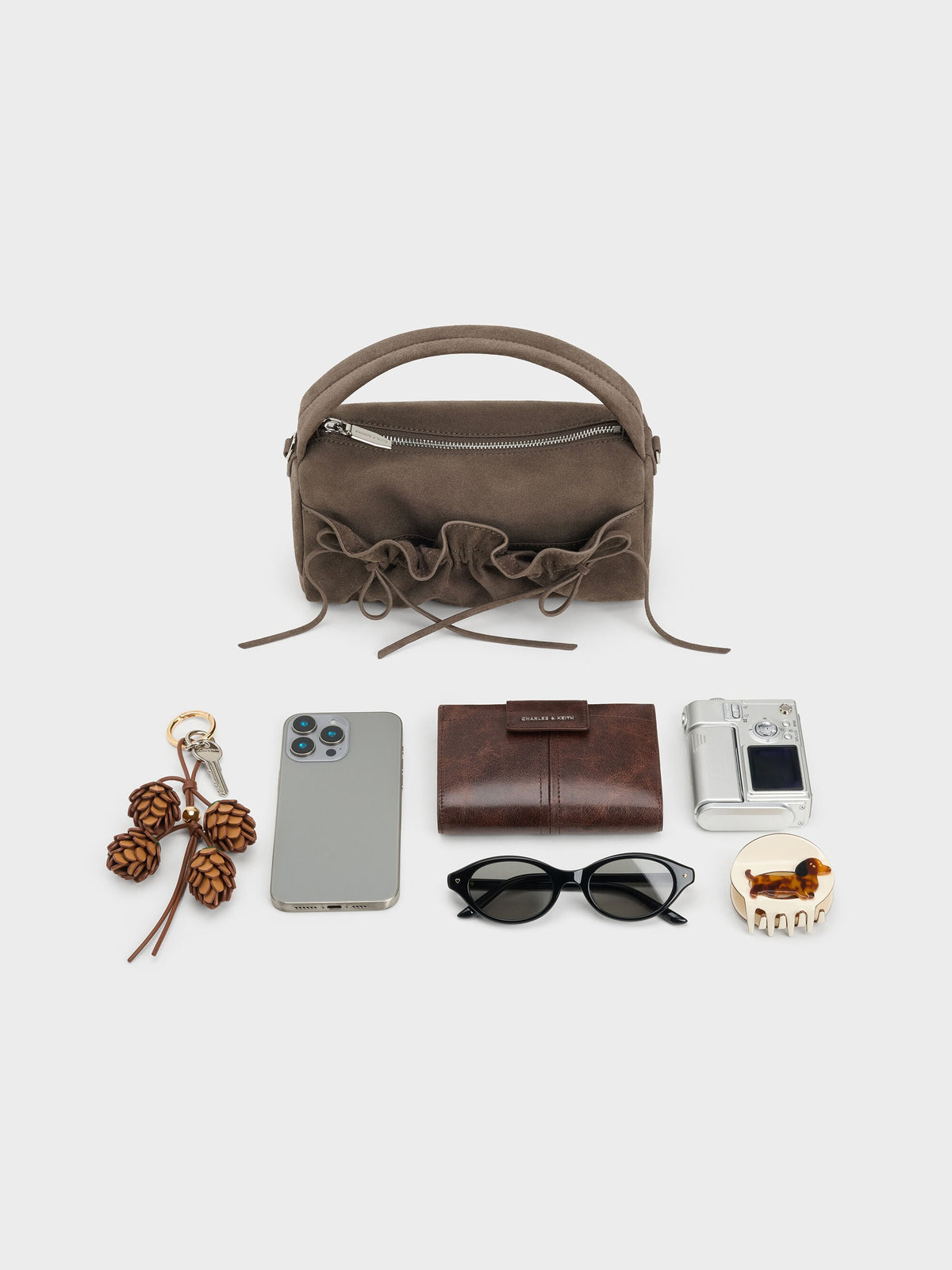 CHARLES & KEITH Trending / Reese Ruched Bow Top Handle Bag - Stone Grey