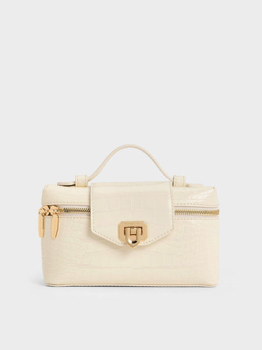 CHARLES & KEITH Hot Sale / Arwen Croc-Effect Top Handle Vanity Bag - Cream