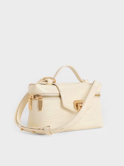 CHARLES & KEITH Hot Sale / Arwen Croc-Effect Top Handle Vanity Bag - Cream