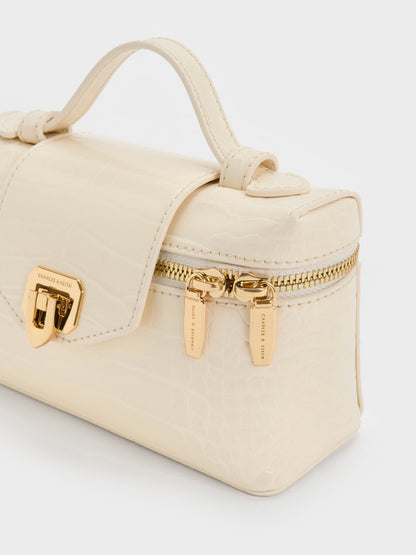 CHARLES & KEITH Hot Sale / Arwen Croc-Effect Top Handle Vanity Bag - Cream