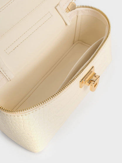 CHARLES & KEITH Hot Sale / Arwen Croc-Effect Top Handle Vanity Bag - Cream