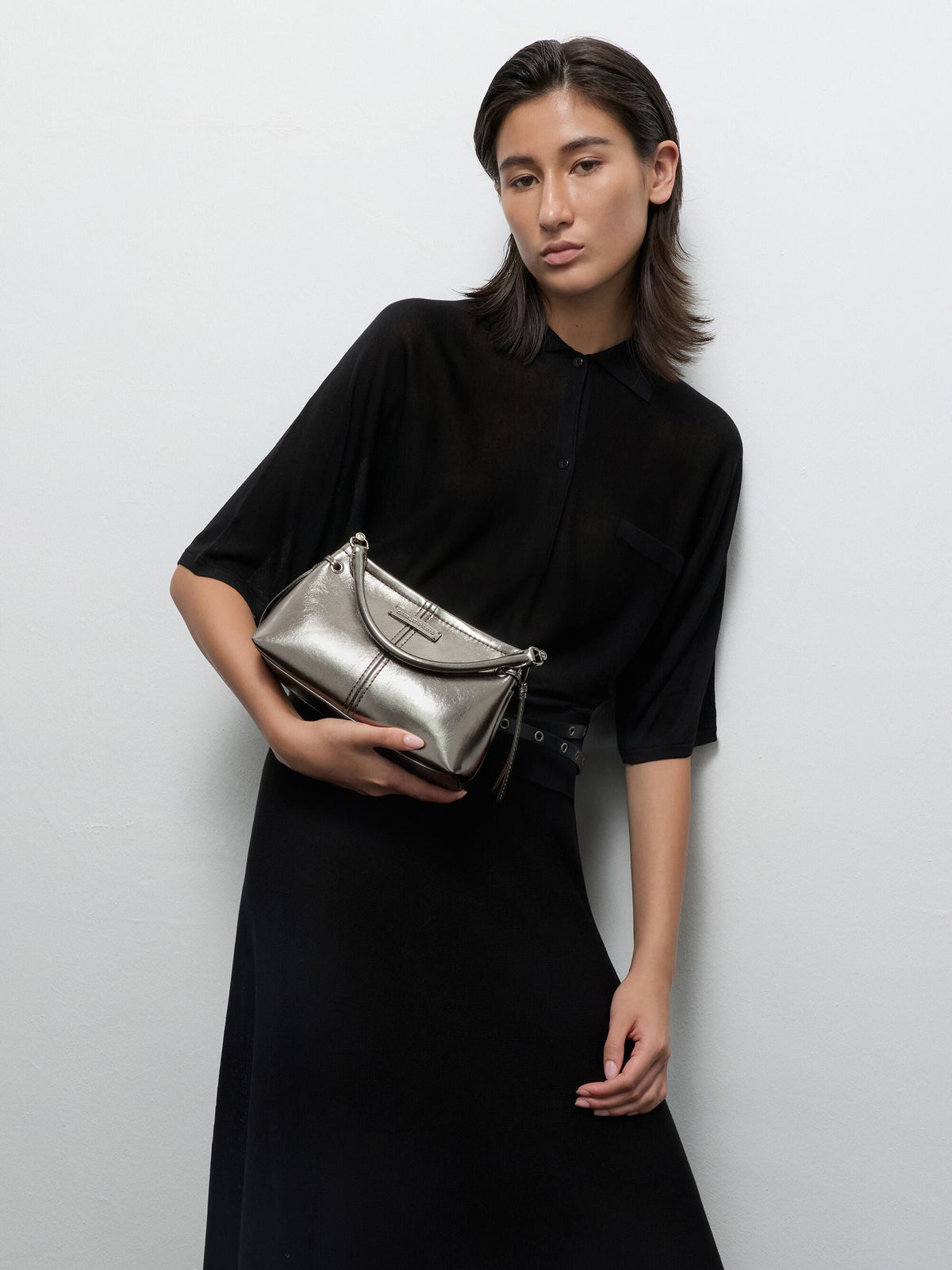CHARLES & KEITH Hot Sale / Noane Metallic Top Handle Bag - Pewter