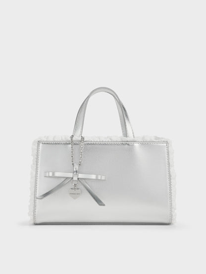 CHARLES & KEITH Trending / Raina Metallic Lace-Trim Tote Bag - Silver