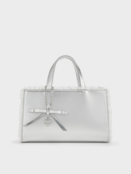 CHARLES & KEITH Trending / Raina Metallic Lace-Trim Tote Bag - Silver
