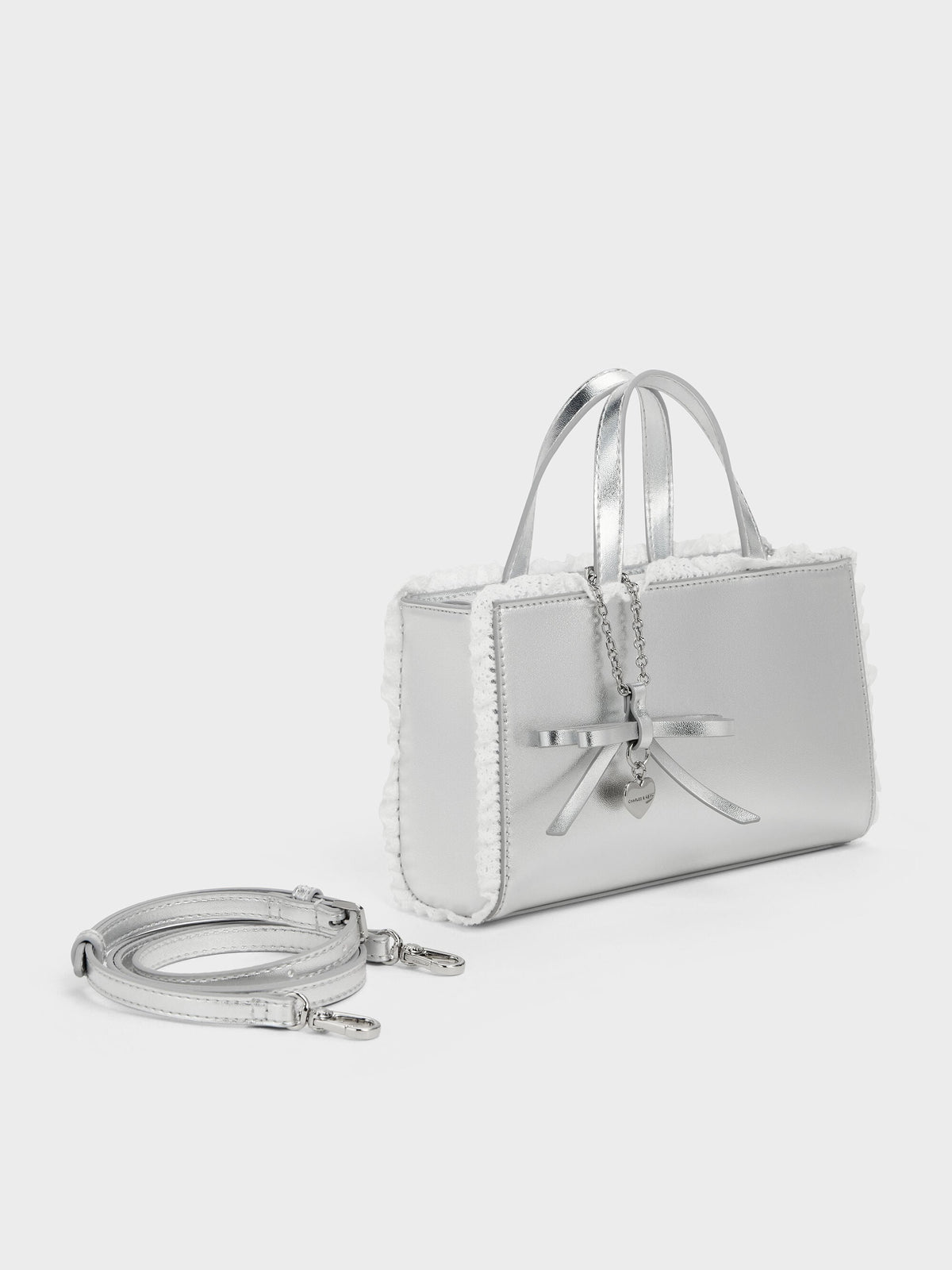 CHARLES & KEITH Trending / Raina Metallic Lace-Trim Tote Bag - Silver