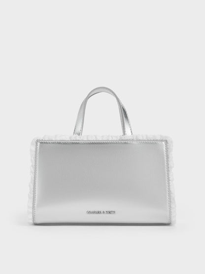 CHARLES & KEITH Trending / Raina Metallic Lace-Trim Tote Bag - Silver
