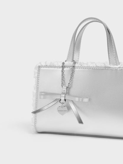 CHARLES & KEITH Trending / Raina Metallic Lace-Trim Tote Bag - Silver