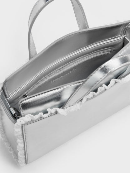 CHARLES & KEITH Trending / Raina Metallic Lace-Trim Tote Bag - Silver