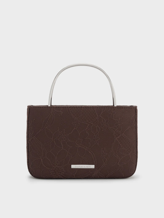 CHARLES & KEITH Premium / Jennis Lace & Satin Top Handle Bag - Dark Brown Textured