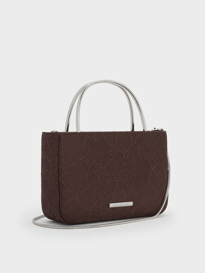 CHARLES & KEITH Premium / Jennis Lace & Satin Top Handle Bag - Dark Brown Textured