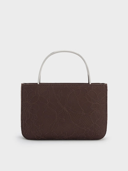 CHARLES & KEITH Premium / Jennis Lace & Satin Top Handle Bag - Dark Brown Textured