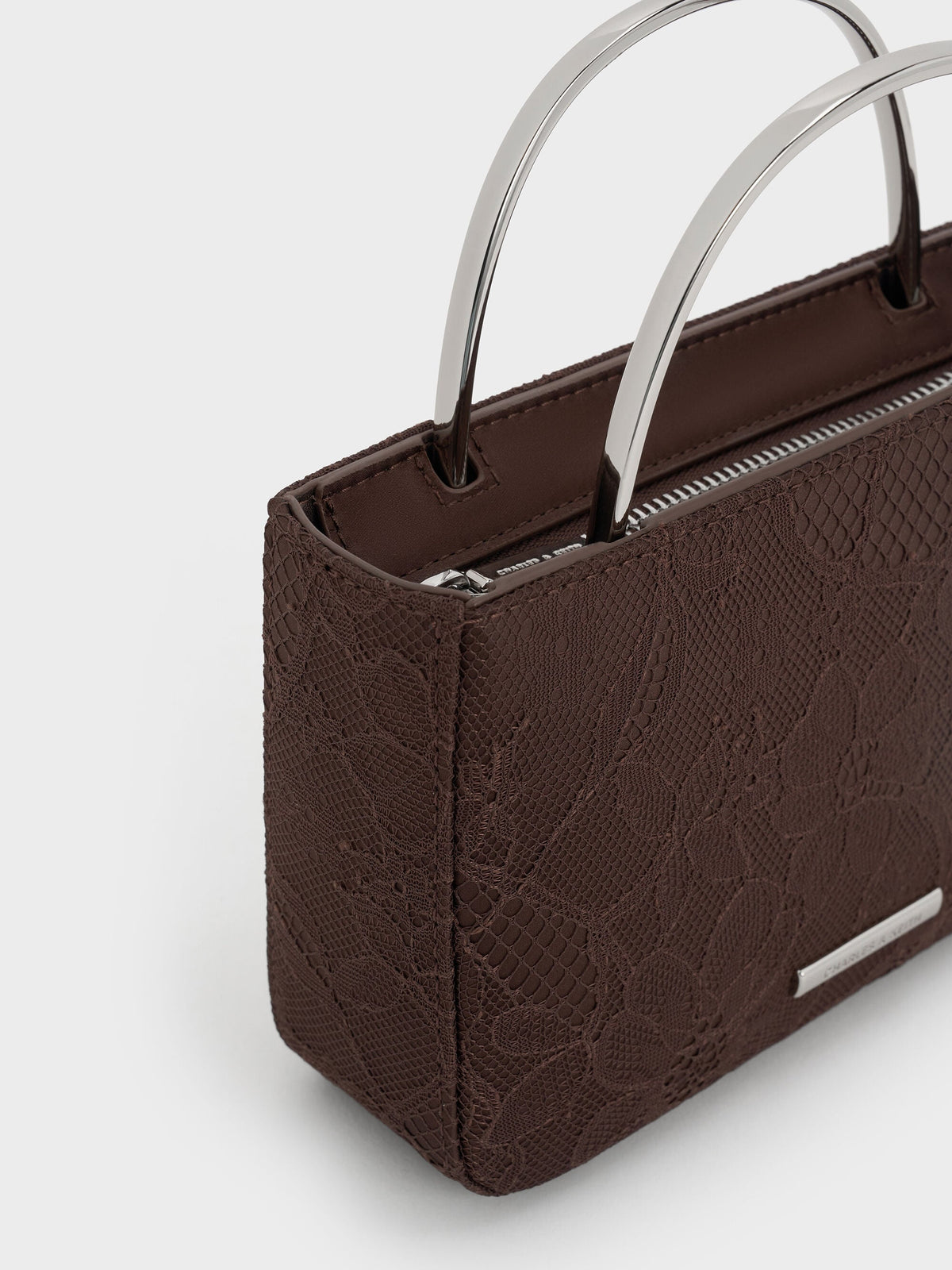 CHARLES & KEITH Premium / Jennis Lace & Satin Top Handle Bag - Dark Brown Textured