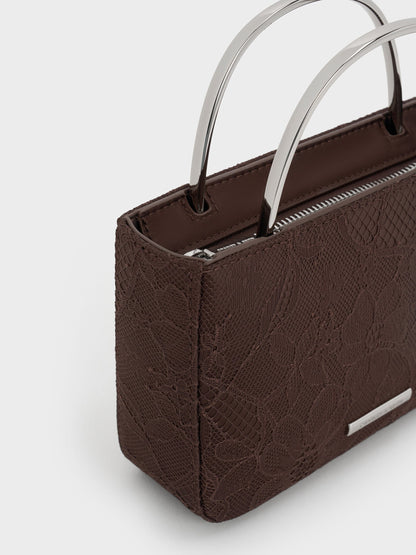 CHARLES & KEITH Premium / Jennis Lace & Satin Top Handle Bag - Dark Brown Textured