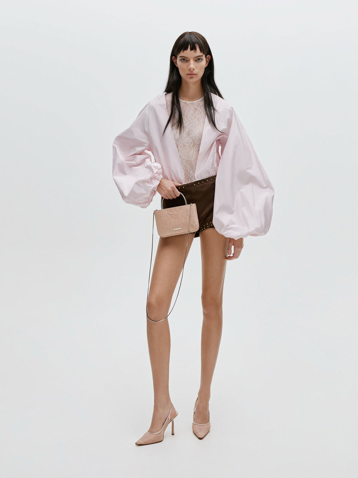 CHARLES & KEITH Value / Jennis Lace & Satin Top Handle Bag - Nude Textured
