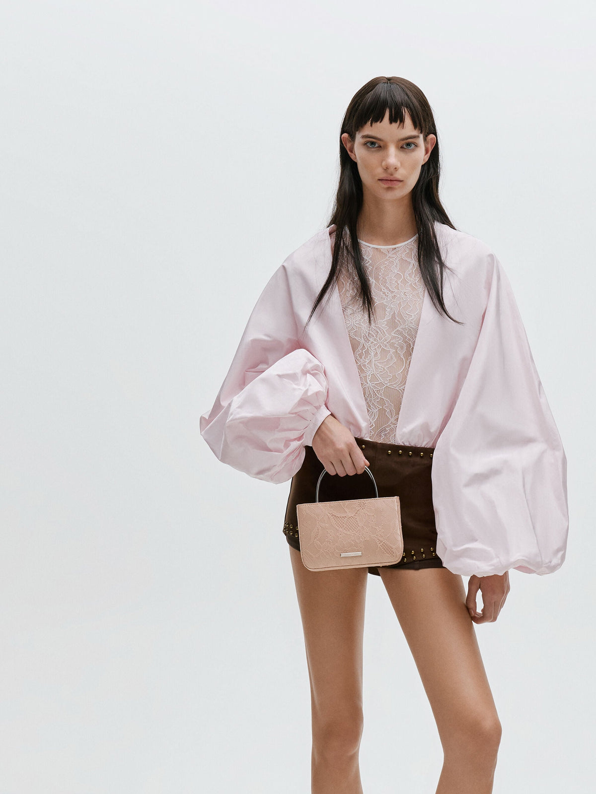 CHARLES & KEITH Value / Jennis Lace & Satin Top Handle Bag - Nude Textured