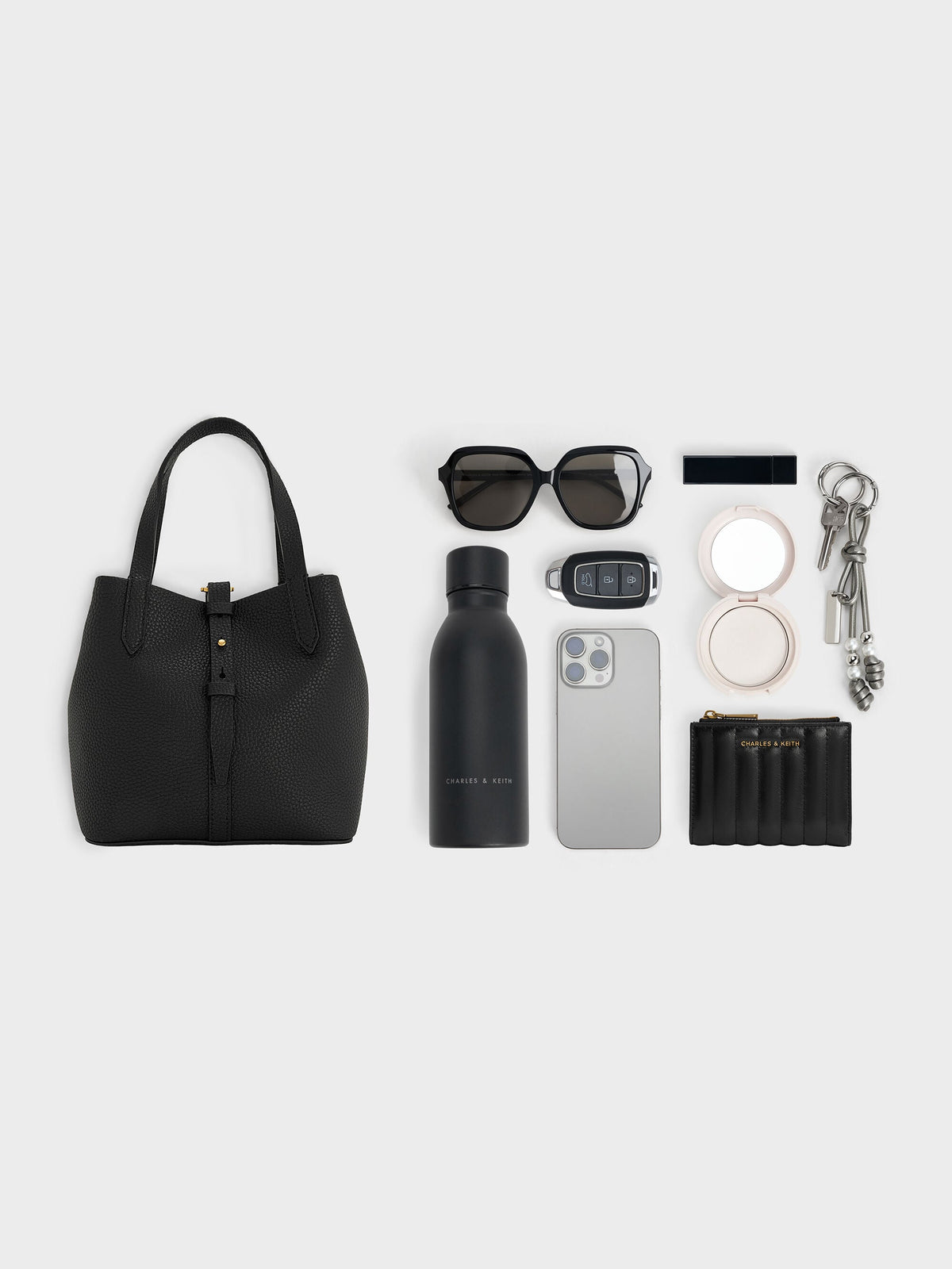 CHARLES & KEITH Trusted / Beryl Belted Bucket Bag - Black