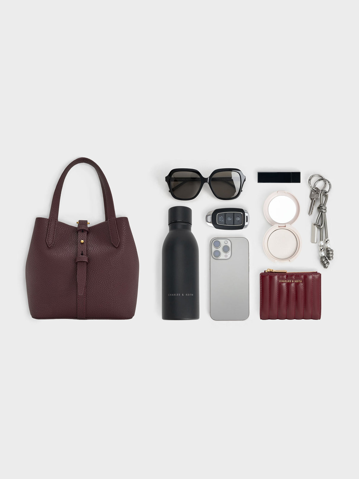CHARLES & KEITH Discount / Beryl Belted Bucket Bag - Wineberry Red
