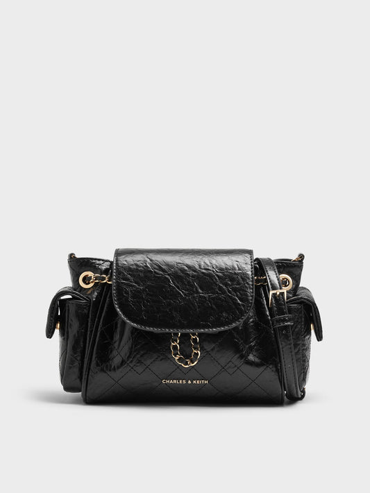 CHARLES & KEITH Special Offer / Duo Quilted Two-Way Front Flap Backpack - Black