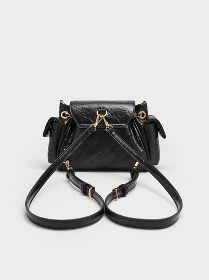 CHARLES & KEITH Special Offer / Duo Quilted Two-Way Front Flap Backpack - Black