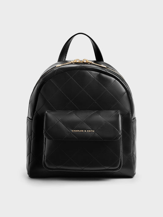 CHARLES & KEITH Everyday / Alva Quilted Front-Pocket Backpack - Black