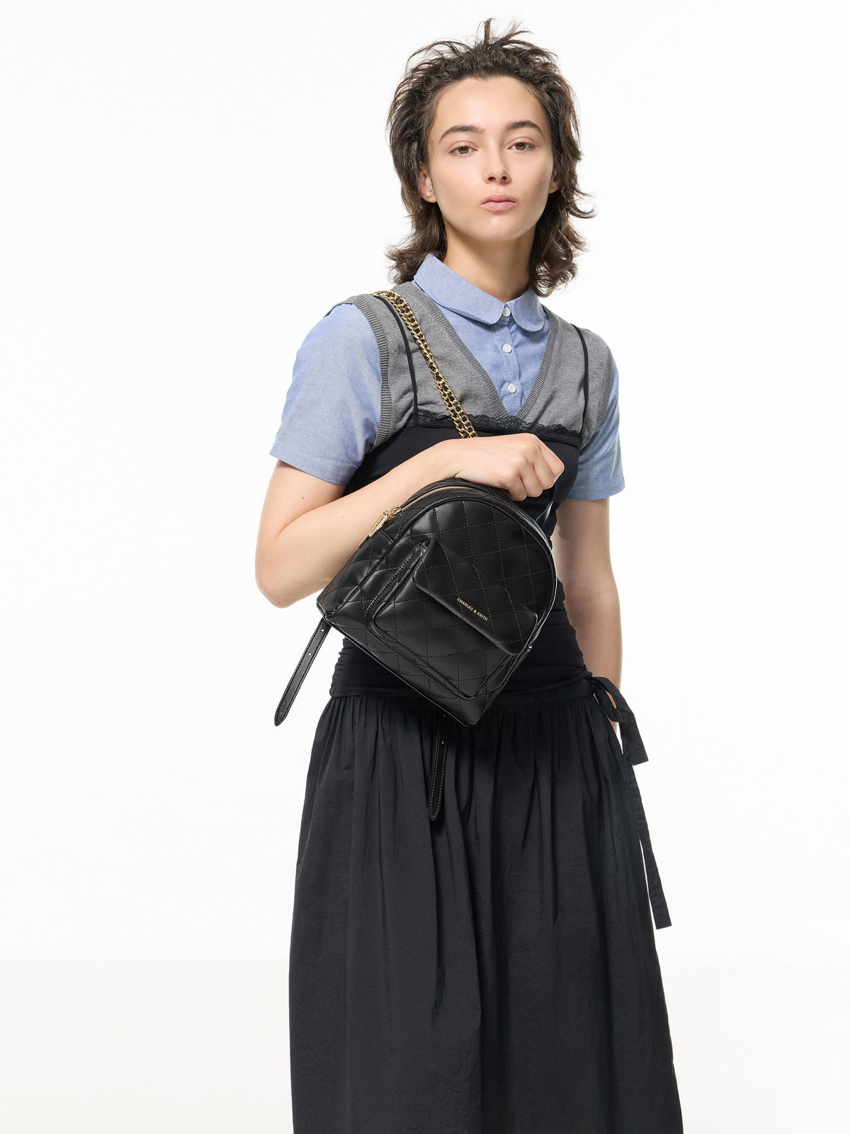 CHARLES & KEITH Everyday / Alva Quilted Front-Pocket Backpack - Black