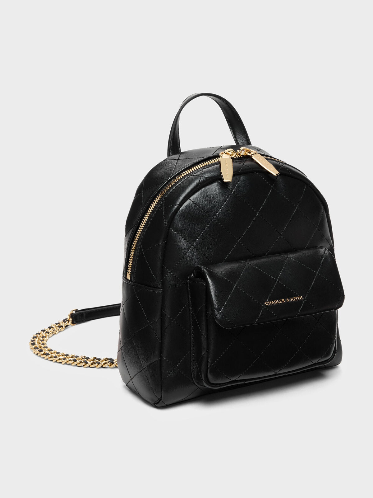 CHARLES & KEITH Everyday / Alva Quilted Front-Pocket Backpack - Black
