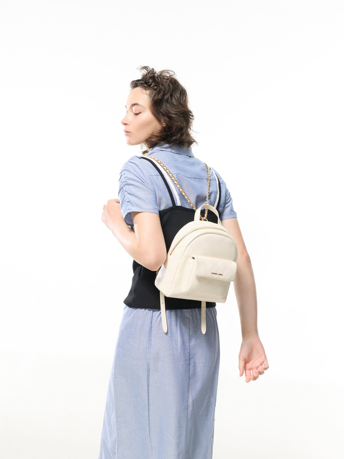 CHARLES & KEITH New / Alva Quilted Front-Pocket Backpack - Cream