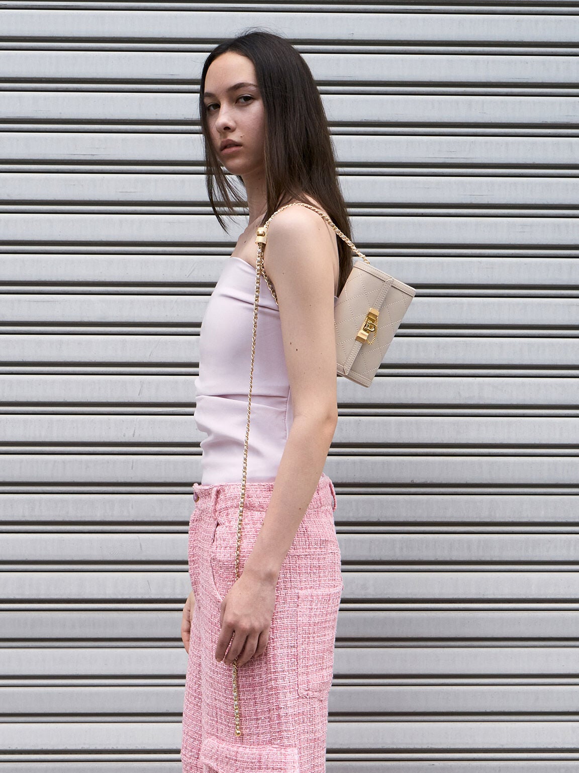 CHARLES & KEITH Premium / Tallulah Quilted Push-Lock Clutch - Oat