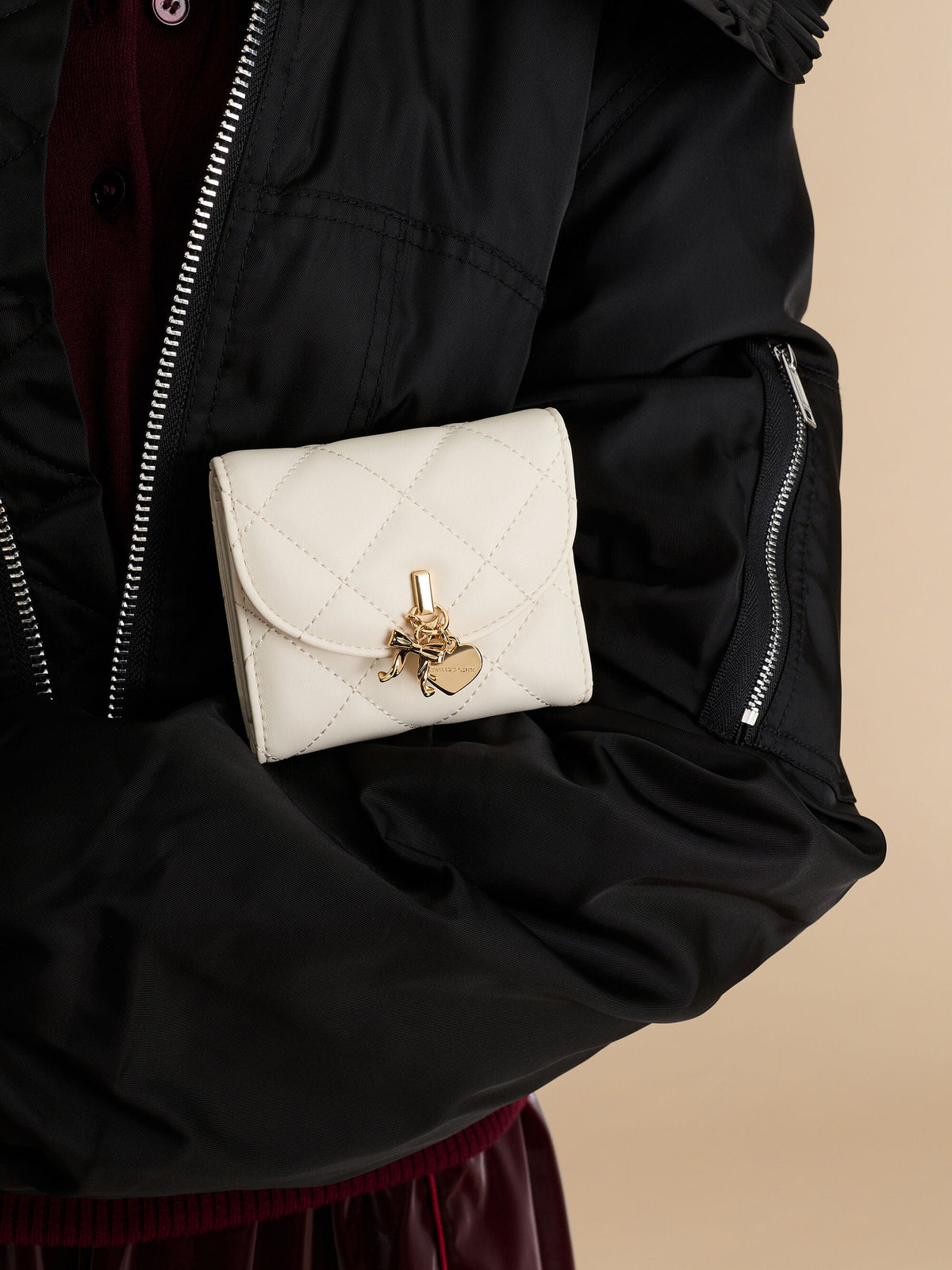 CHARLES & KEITH Essential / Arrietty Quilted Curved-Flap Wallet - Cream