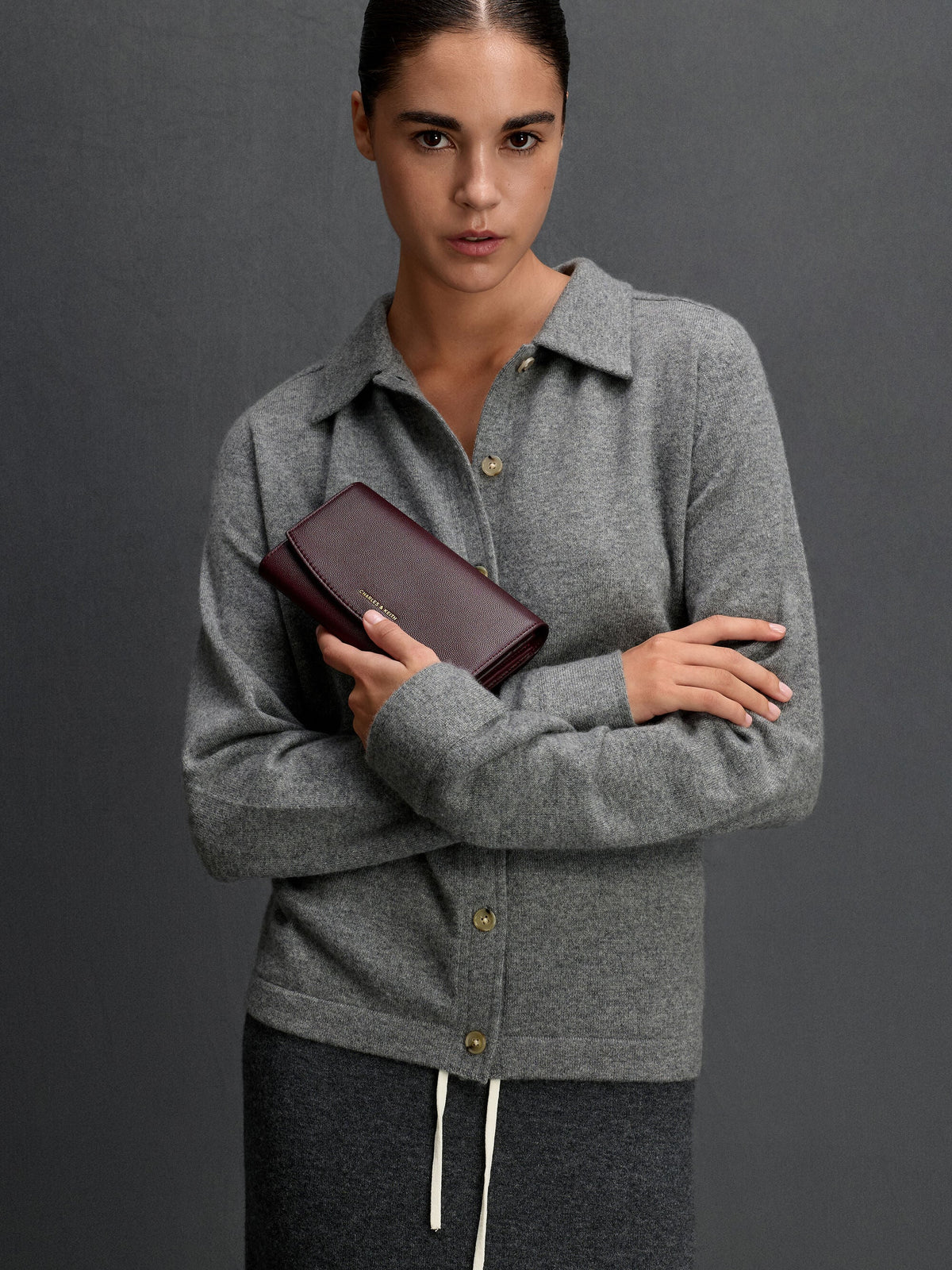 CHARLES & KEITH Classic / Briony Curved Flap Long Wallet - Wineberry Red