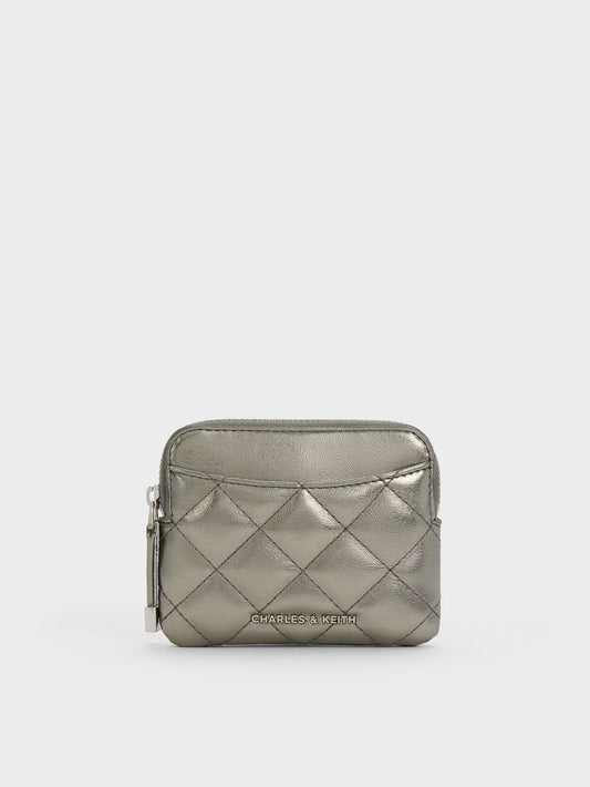 CHARLES & KEITH Latest / Alva Metallic Quilted Top-Zip Card Holder - Pewter