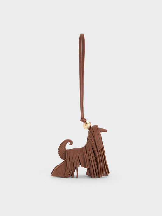 CHARLES & KEITH New / Leather Fringed Dog Charm - Chocolate